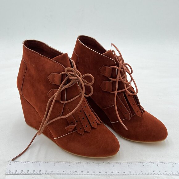 Boho Tassel Fringe Faux Suede Boots – Ankle Height Slip-On  Brown Women\'s Fringed Tassel Wedge Ankle Boots Suede Round Toe Lace Up Shoe